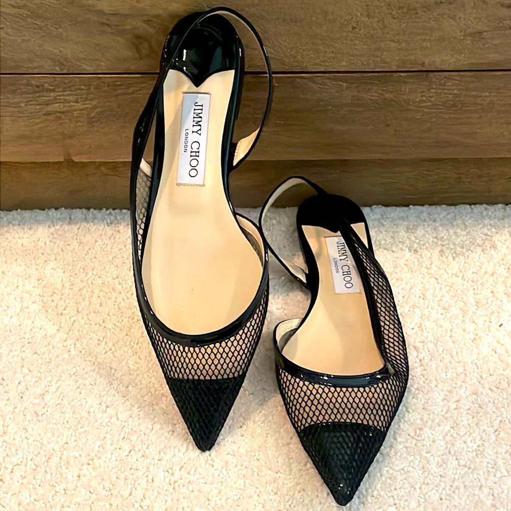 Jimmy Choo Fetto Point Toe Black Patent Leather & Mesh Flat
